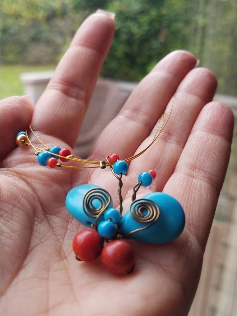 Genuine Coral & Turquoise Gemstone Butterfly Choker Necklace Handmade